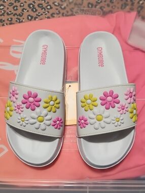 Gymboree White Slide Sandals with Pink and Yellow Floral Accents